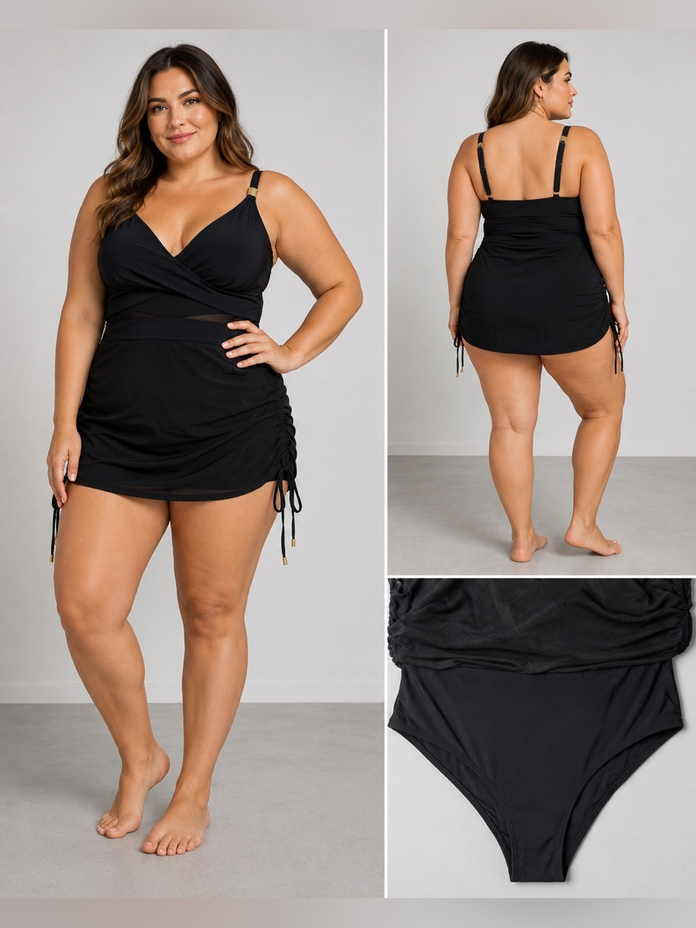 Black Mesh Ruched Swim Dress One Piece XL